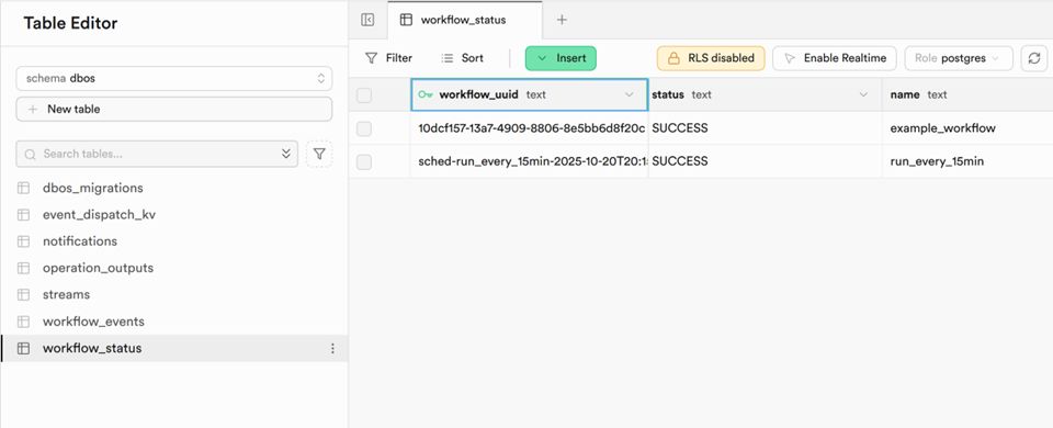 Supabase database view showing workflows table