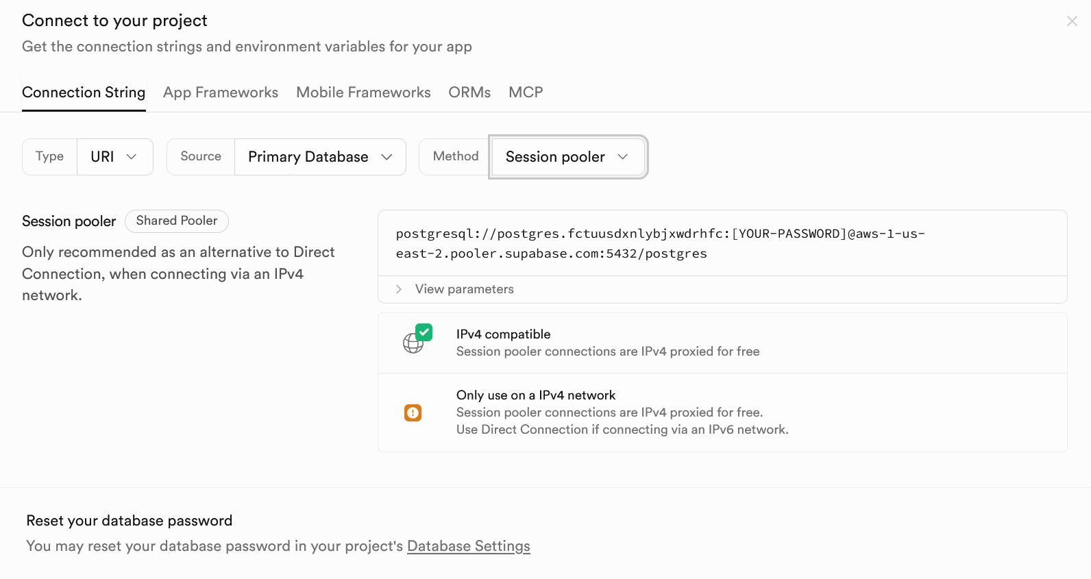 Supabase dashboard showing database connection string
